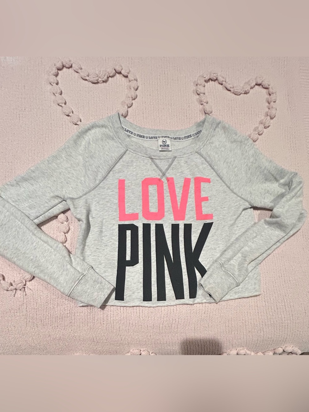 Victoria's Secret Y2K Grey Sweatshirt with Pink and Black LOVE PINK Graphic